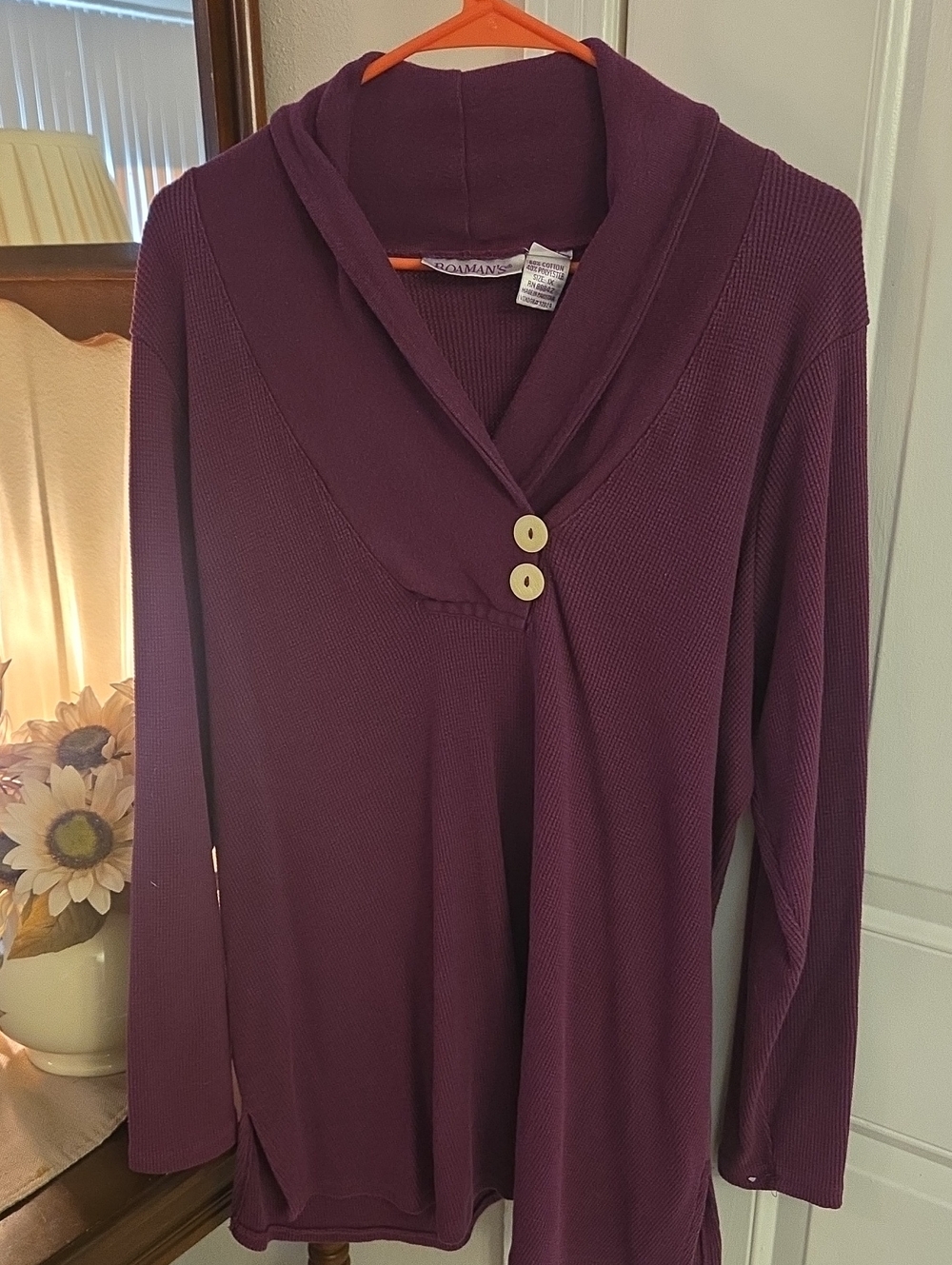 Roaman's Plum Ribbed Button-Front Shawl Collar Top